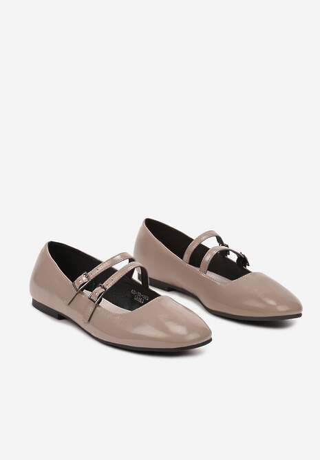 Ciemnobeżowe Balerinki na Płaskiej Podeszwie Wykończone Paskami Sprzączkami i Skórzaną Wkładką Nasnae