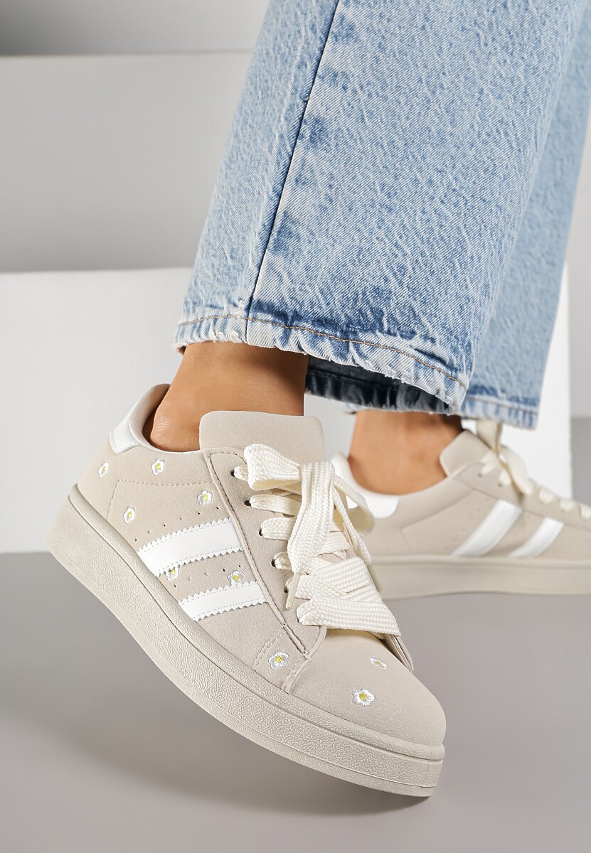 Beżowe Sneakersy Ozdobione Haftowanymi Kwiatami i Paskami Malirelle