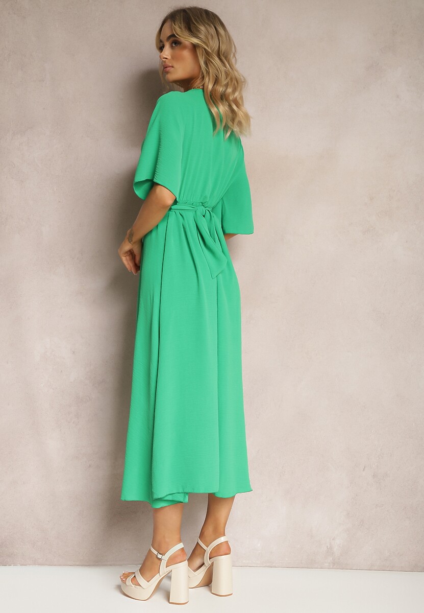 Ciemnozielona Rozkloszowana Sukienka Maxi z Szerokim Rękawem i Gumką w Pasie Sador