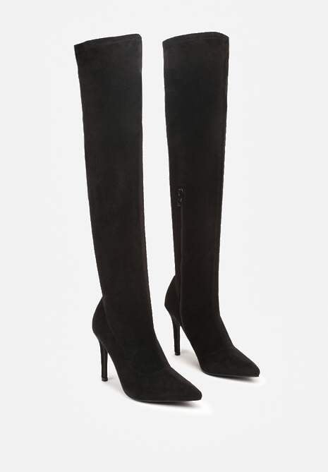 Czarne Kozaki Vices z Imitacji Zamszu na Szpilce z Marszczoną Cholewką Calavelie