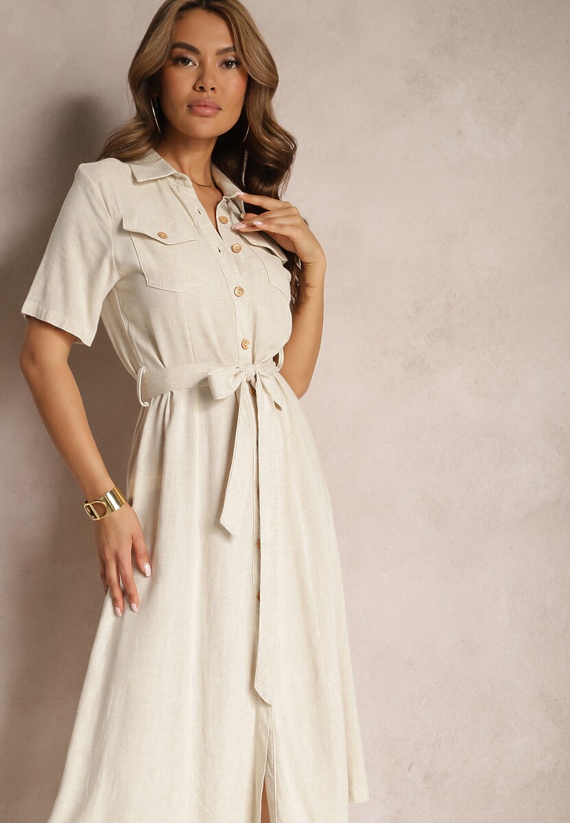 Ciemnobeżowa Wiskozowa Sukienka z Lnem i Guzikami oraz Krótkim Rękawem Ozdobiona Materiałowym Paskiem Gracilla