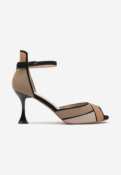 Ciemnobeżowe Geometryczne Sandały w Geometryczny Print na Obcasie Kaczuszce Mirasina