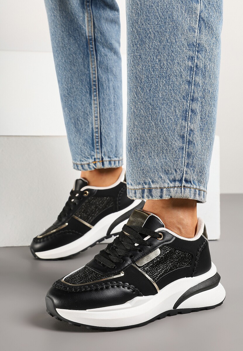 Czarne Sneakersy na Platformie ze Wstawkami z Plecionki Ninatia