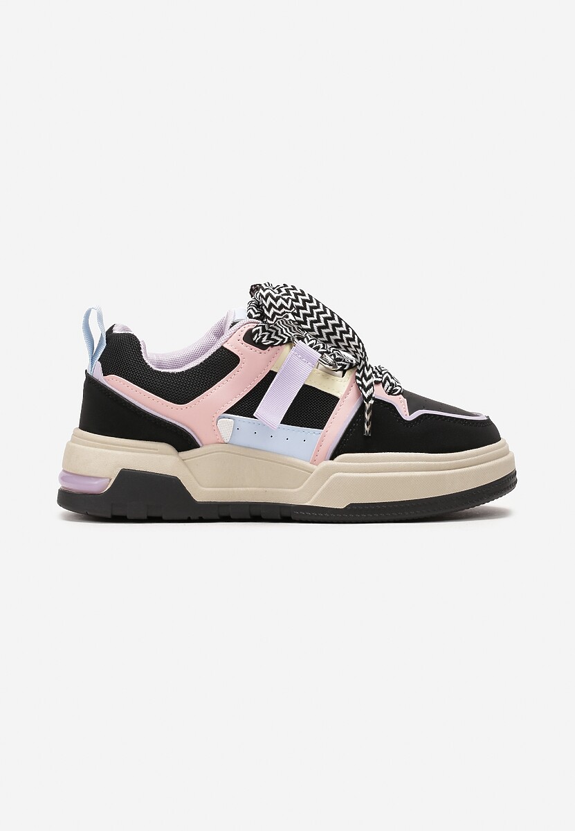 Czarne Sneakersy na Płaskiej Podeszwie z Grubymi Sznurówkami i Przeszyciami Joliat