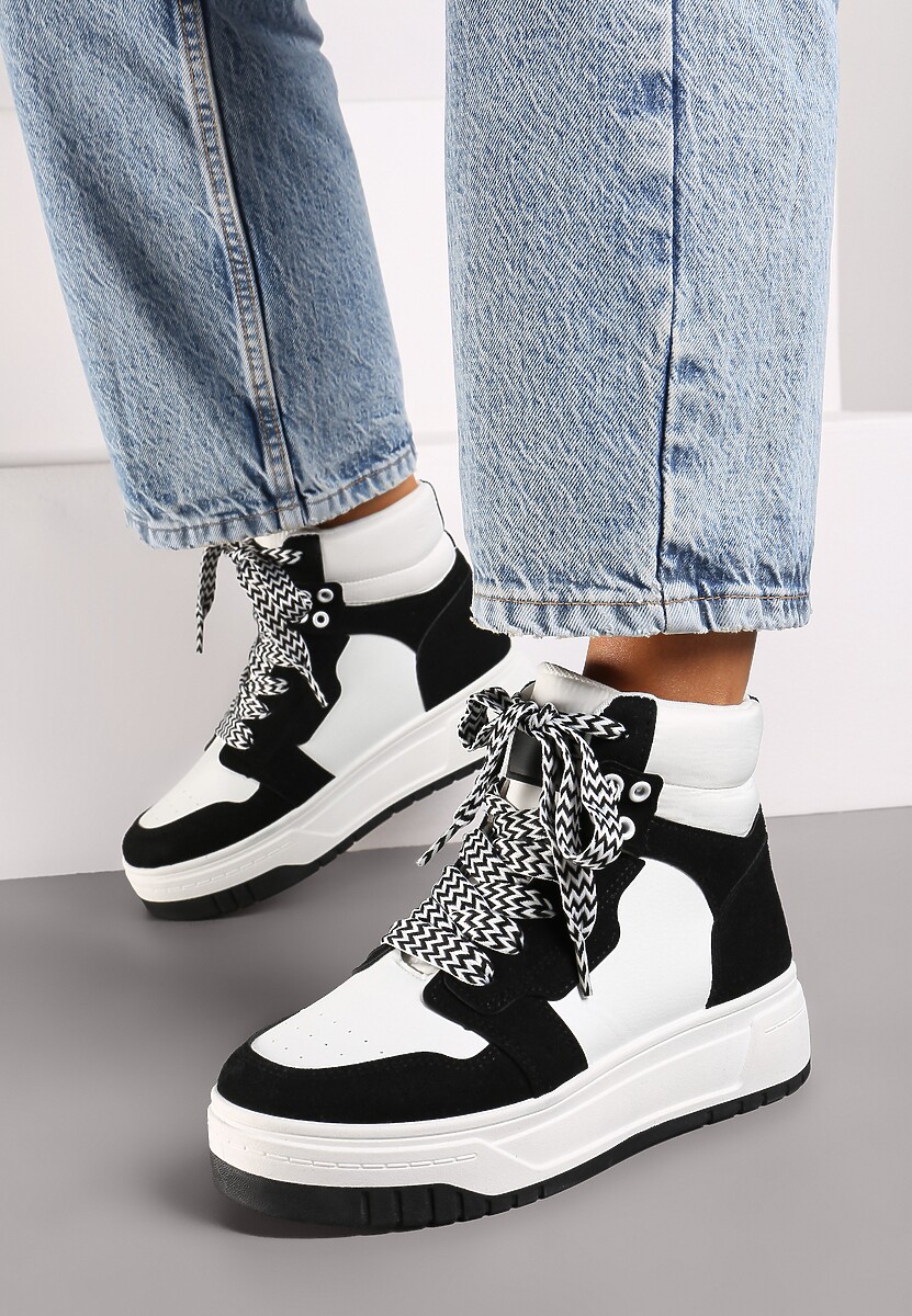 Czarne Sneakersy na Platformie z Wysoką Cholewką Ozdobione Perforacją Mivaria