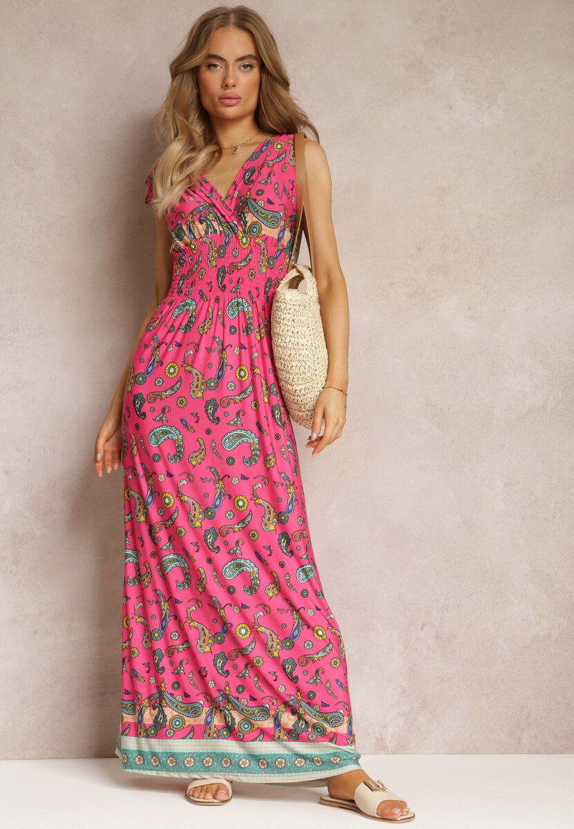 Różowa Sukienka Maxi we Wzór Pailsey z Rozkloszowanym Dołem i Gumką w Talii Kinslei