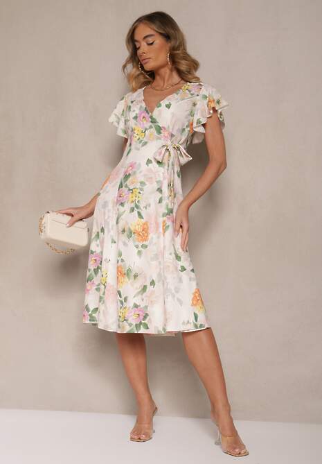 Beżowa Kopertowa Sukienka w Kwiaty Atesalia