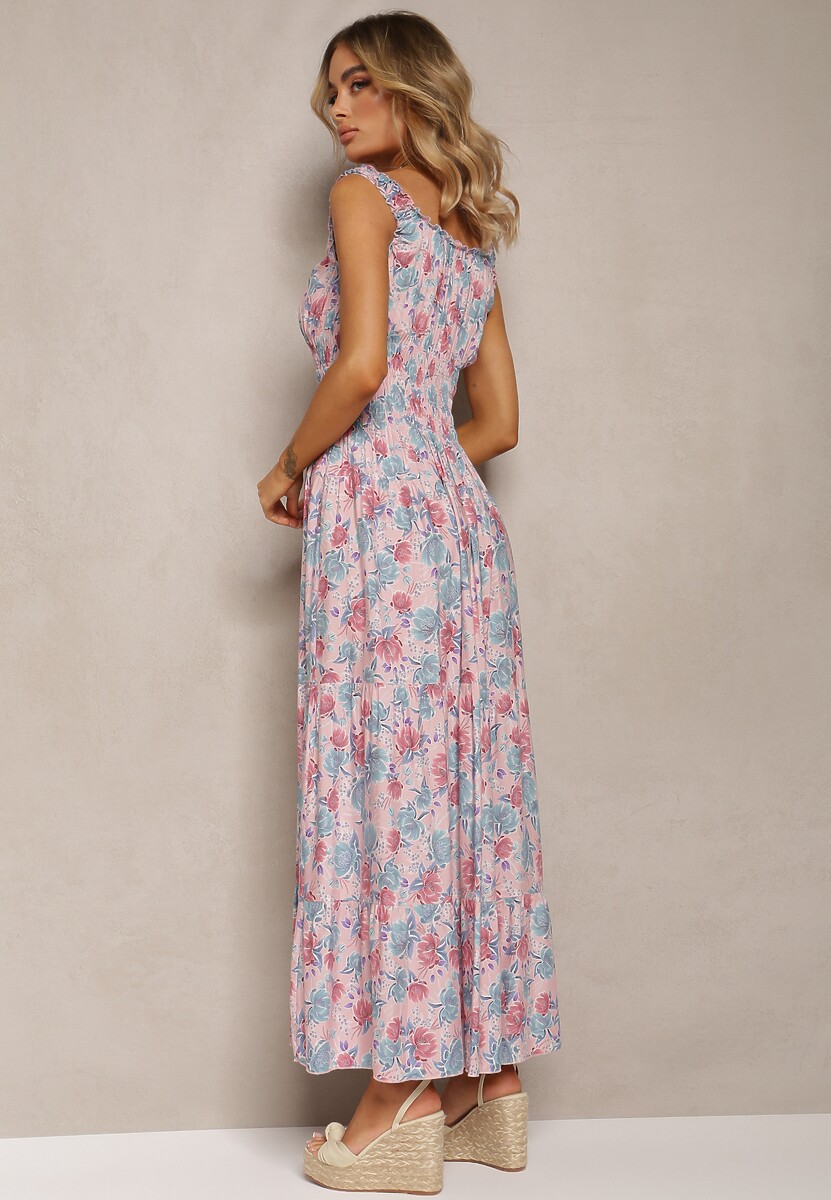 Jasnoróżowa Kwiecista Sukienka Rozkloszowana z Bawełny na Ramiączkach Kalassia