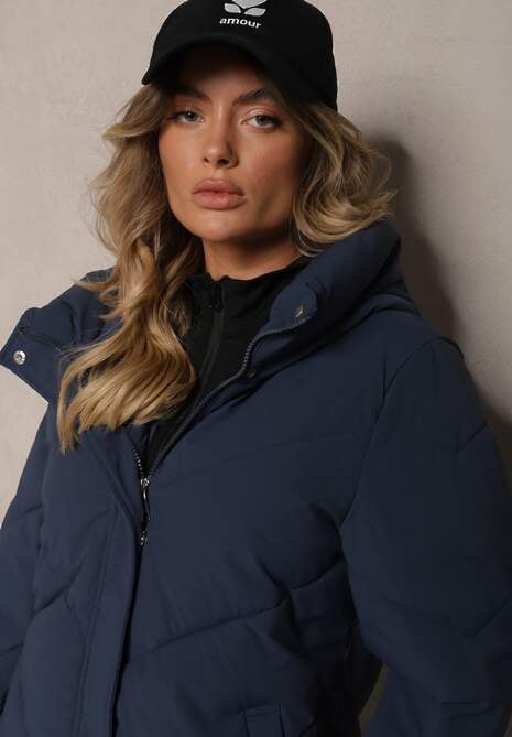 Granatowa Długa Kurtka Pikowana z Nieodpinanym Kapturem Nerindale