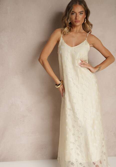 Beżowa Trapezowa Sukienka z Wiskozą na Ramiączkach Silarisse