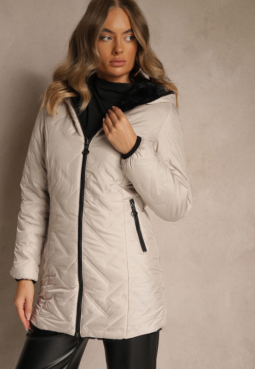 Beżowa Dwustronna Kurtka z Kapturem Pikowanymi Przeszyciami i Futerkiem Rossalea