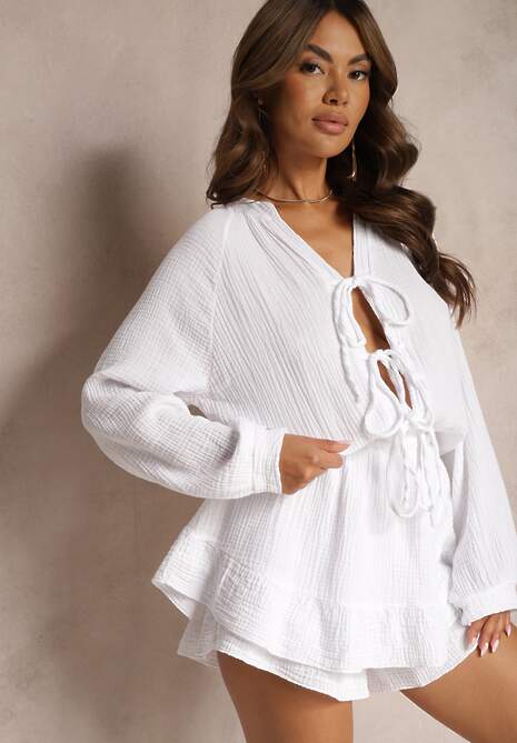 Biały Kombinezon z Bawełny Ozdobiony Wiązaniem i Falbankami Nalelia