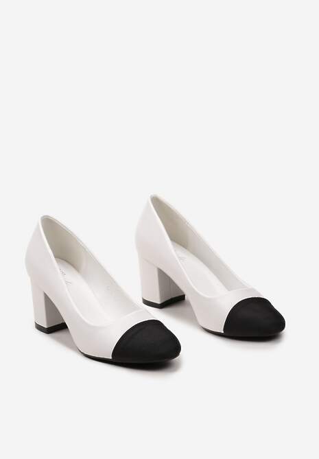 Białe Czółenka na Klasycznym Słupku z Ozdobnym Okrągłym Noskiem Rokseta