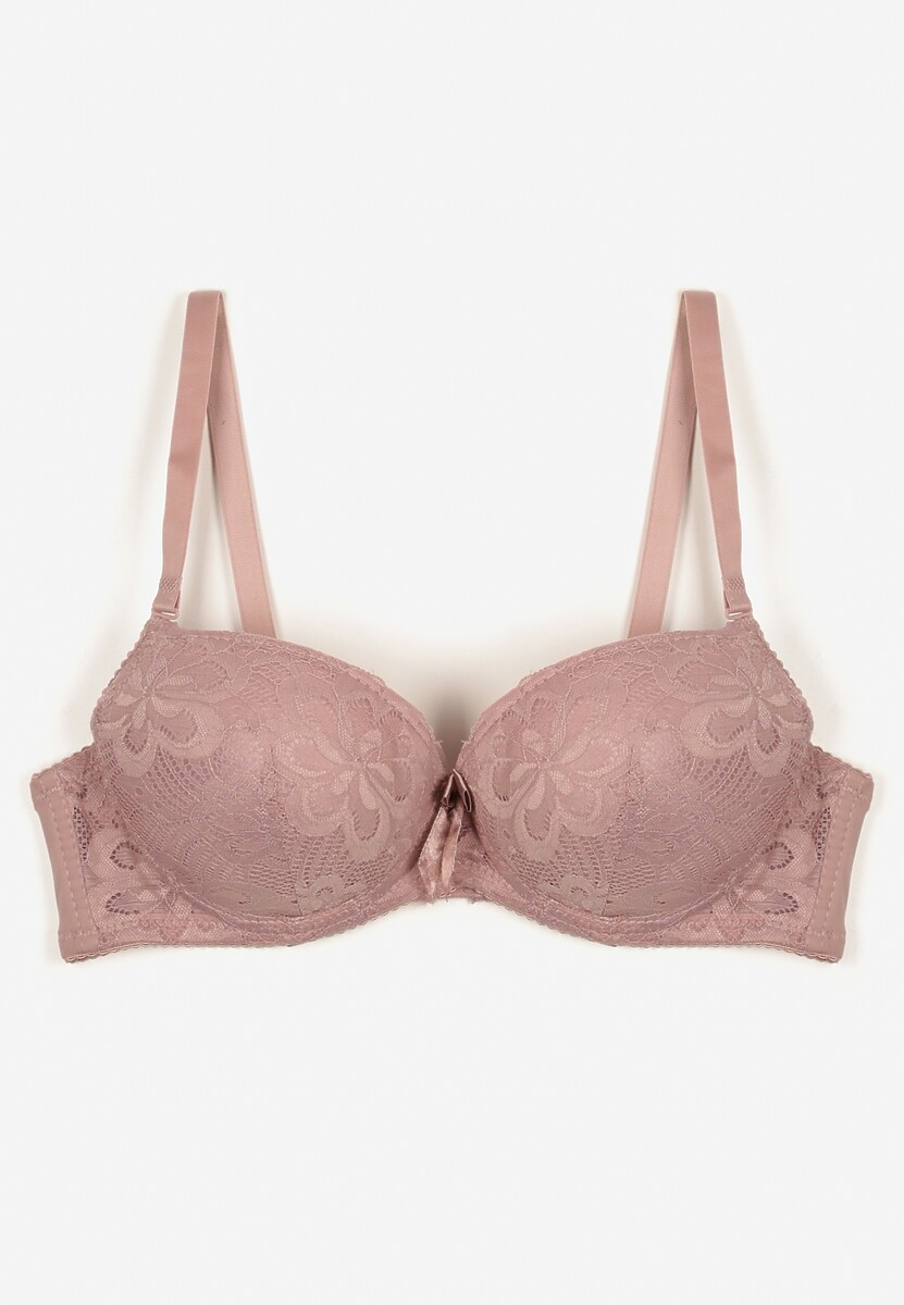 Ciemnoróżowy Biustonosz Push Up z Koronkowym Zdobieniem Ravgis