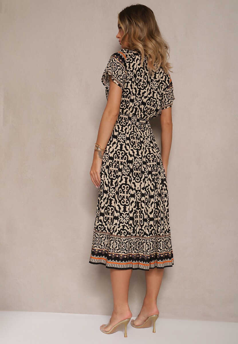 Czarna Sukienka z Bawełny Ozdobiona Ornamentnym Motywem Fillena