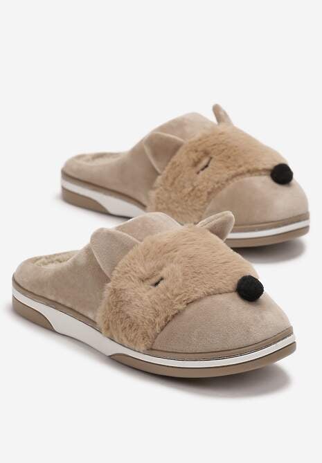 Beżowe Kapcie z Futerkiem i Imitacją Uszu Bervenka