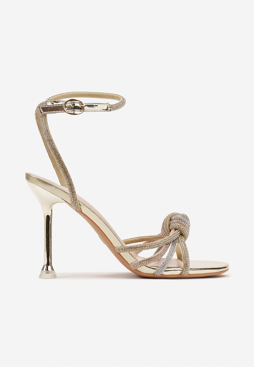 Złote Lakierowane Sandały Vices na Szpilce z Cyrkoniami na Paskach Vanarila