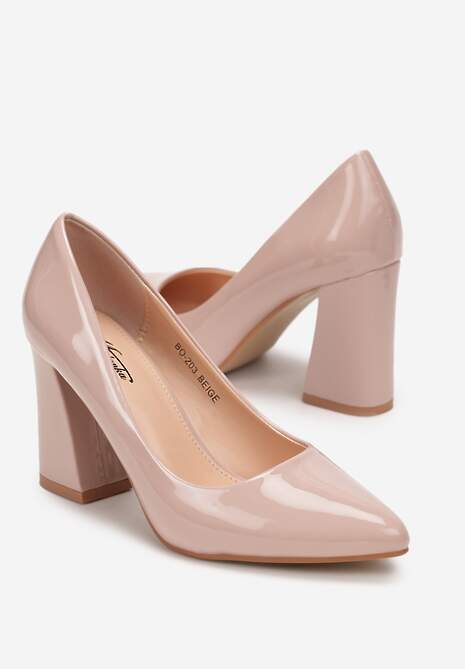 Beżowe Lakierowane Czółenka na Stożkowym Obcasie ze Szpiczastym Noskiem Miriamans