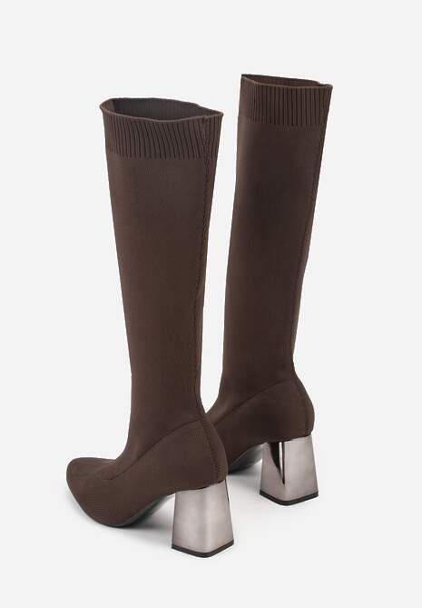 Brązowe Eleganckie Kozaki VICES na Metalicznym Obcasie ze Skarpetkową Cholewką Nalaina