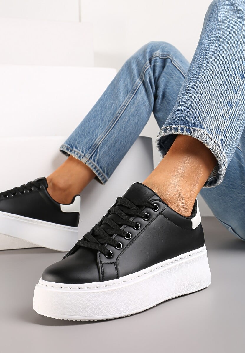 Czarne Sneakersy przed Kostkę na Grubej Podeszwie Bethoria