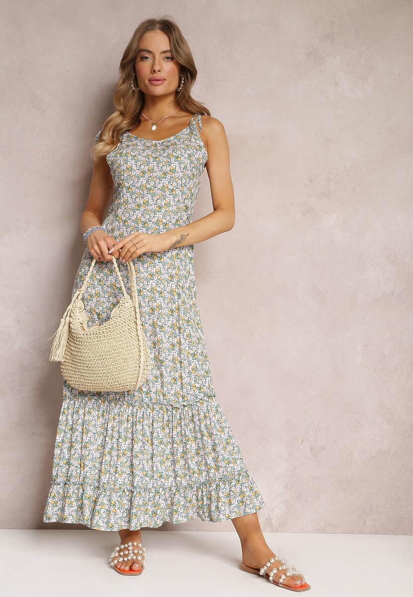 Zielona Sukienka Maxi z Wiązanymi Ramiączkami i Falbanką na Dole Krosby