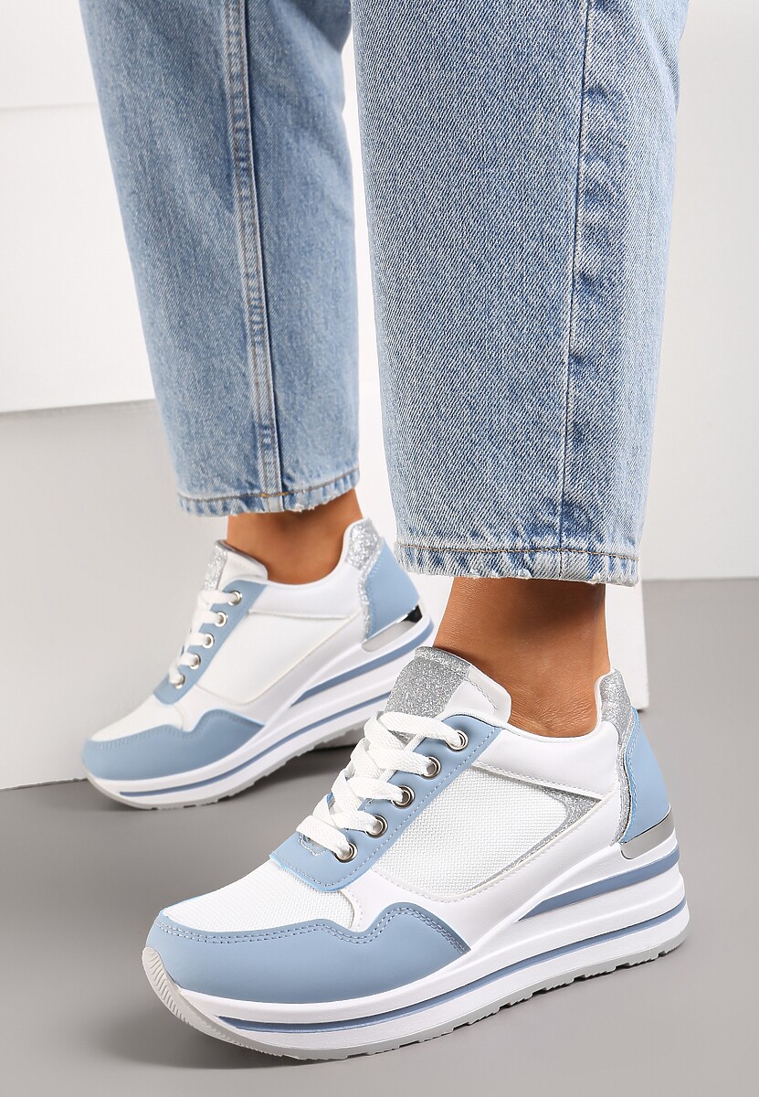 Niebiesko-Białe Sneakersy na Niskiej Platformie ze Wstawkami Brokatowymi Gwenoa
