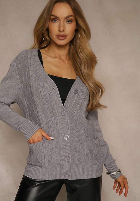 Szary Kardigan z Bawełną i Tłoczonym Wzorem Reisina