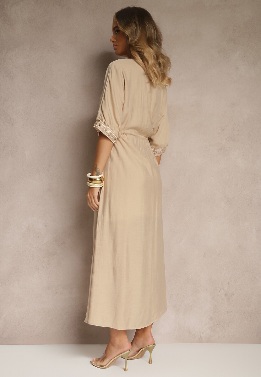 Beżowa Sukienka z Wiskozy Ozdobiona Ażurowymi Wstawkami Aloviana