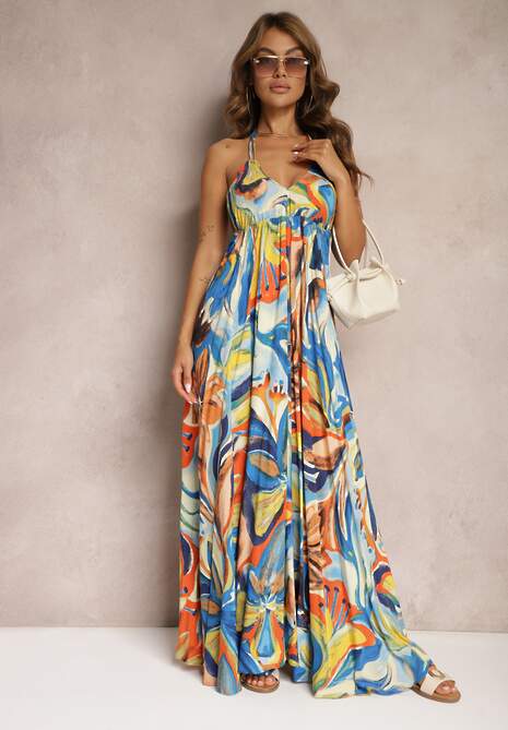 Niebiesko-Żółta Wiskozowa Sukienka Wiązana na Plecach i Szyi z Odcięciem pod Biustem Peridia