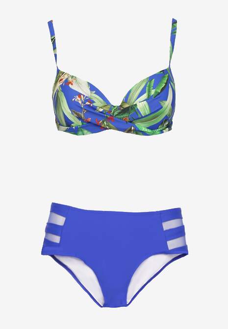 Niebieskie Bikini Biustonosz w Liście i Majtki Figi z Siateczkowymi Wstawkami Kinalea