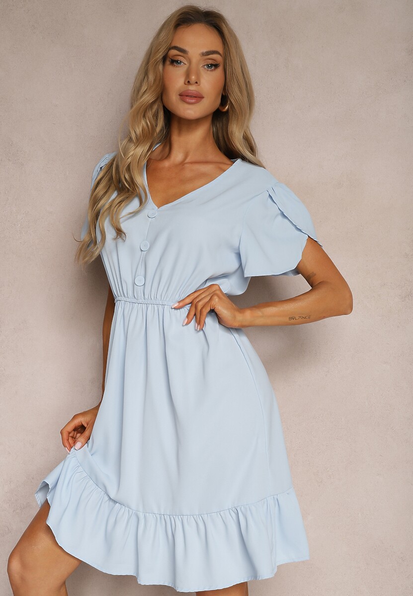 Beżowa Sukienka z Gumką w Talii i Falbankami o Rozkloszowanym Fasonie Xelimia