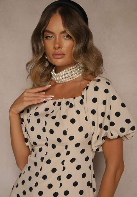 Beżowa Sukienka Hiszpanka Vices w Kropki o Rozkloszowanym Kroju Zilua