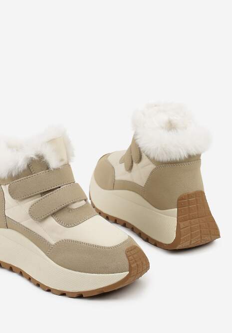 Beżowe Sneakersy Śniegowce Vices z Futerkiem na Platformie Zapinane na Rzep Nelosena
