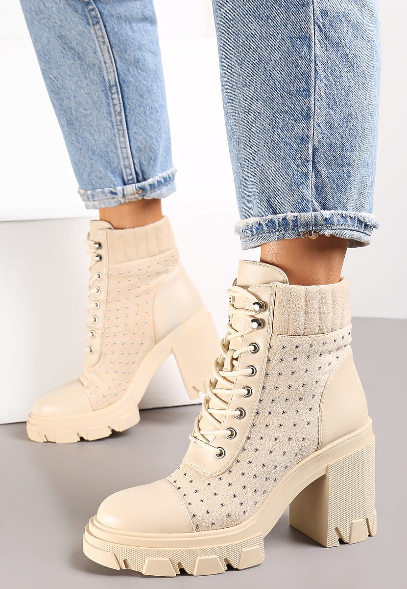 Ciemnobeżowe Botki Sznurowane na Słupku Hiesore