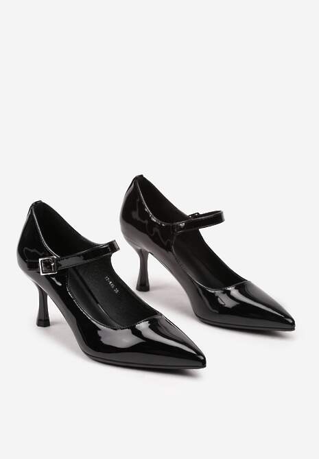 Czarne Czółenka Lakierowane na Szpilce z Ozdobnym Paskiem na Sprzączkę Erisla