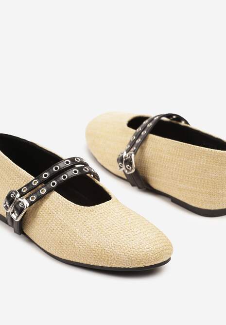 Beżowe Balerinki z  Tweedowym Akcentem i Dwiem Sprzączkami Gavirna
