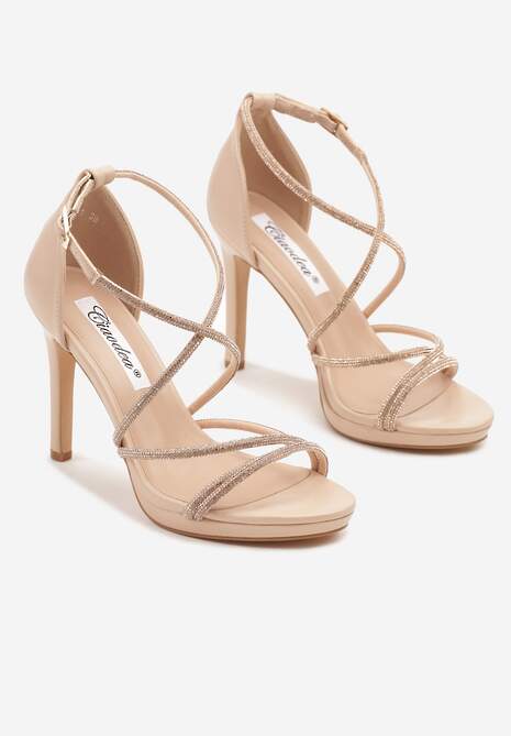 Beżowe Sandały Szpilki z Paseczkami Ozdobionymi Cyrkoniami Eladriela