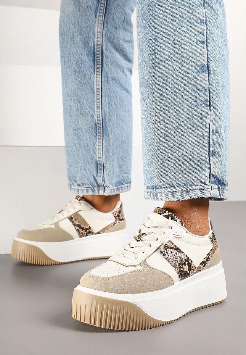 Beżowe Sneakersy na Platformie z Metalicznym Zdobieniem Fonarien