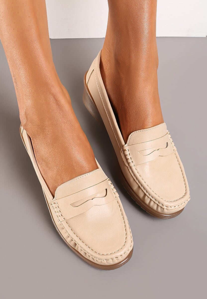 Beżowe Półbuty na Koturnie w Stylu Mokasynów z Imitacji Zamszu Tulalie
