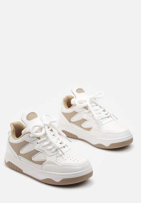 Biało-Beżowe Sneakersy przed Kostkę na Platformie z Wstawkami Losia