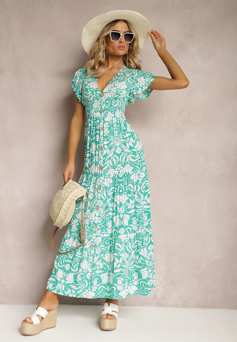 Miętowa Maxi Sukienka Rozkloszowana z Kopertowym Dekoltem w Kwiatowy Wzór Leivori