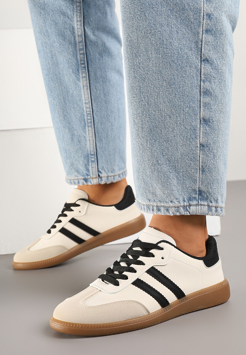 Beżowo-Czarne Casualowe Sneakersy na Płaskiej Podeszwie z Paskami Jereria