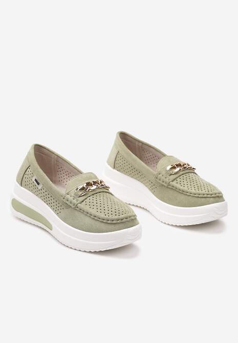 Zielone Mokasyny na Platformie z Łańcuszkiem Himenna