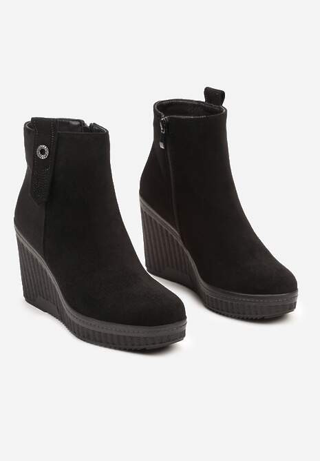 Czarne Casualowe Botki na Koturnie Wykończone z Boku Brokatem Naviselle
