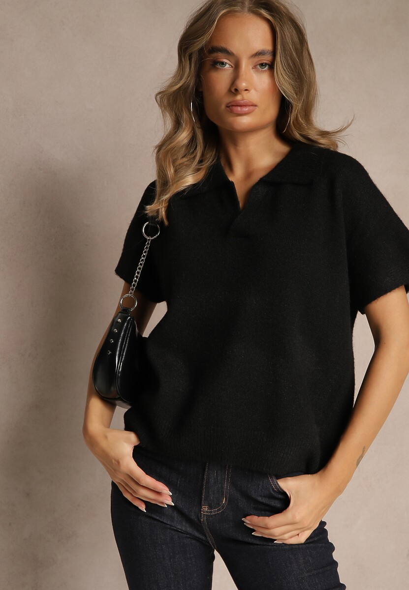 Jasnobrązowy Sweter z Wełną z Krótkim Rękawem i Dekoltem V z Kołnierzem Tevirna