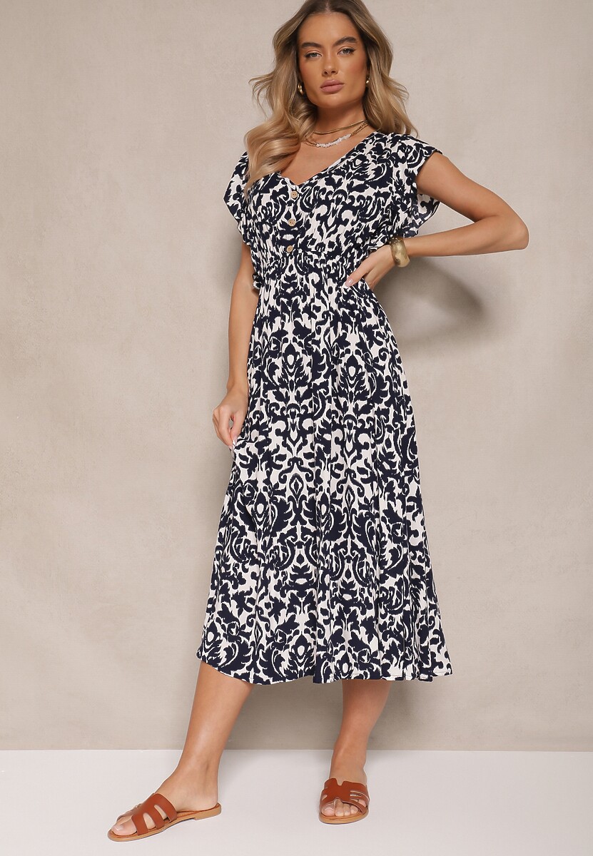 Granatowa Sukienka z Bawełny Rozkloszowana z Falbanami w Roślinny Wzór Zalimara