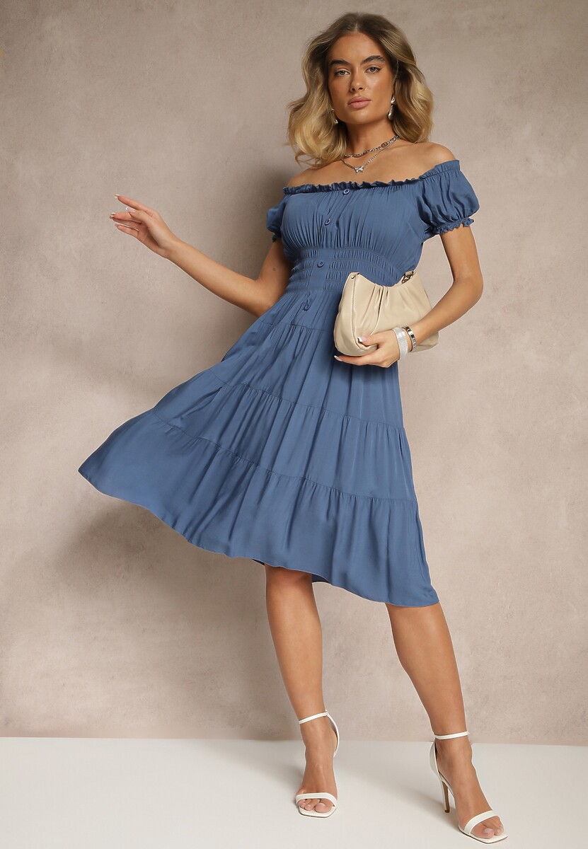 Granatowa Sukienka Rozkloszowana z Bawełny z Bufiastymi Rękawami i Guzikami Anniliana