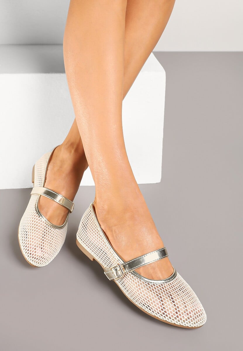 Złote Balerinki z Drobnej Siateczki z Paskiem Soldexia