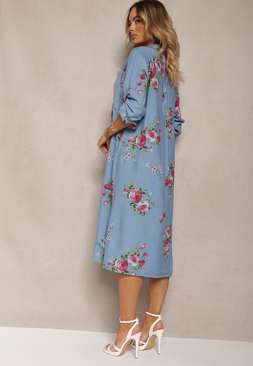 Niebieska Koszulowa Bawełniana Sukienka Zapinana na Guziki Nuramla