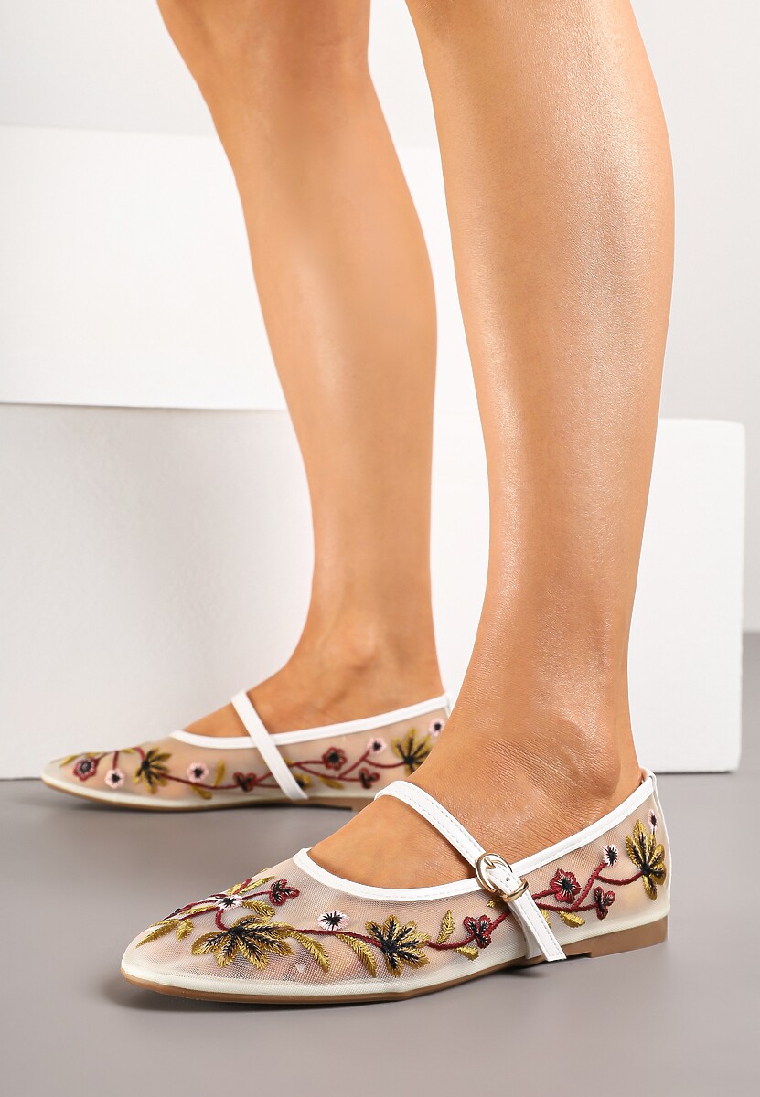Białe Balerinki z Siateczki w Stylu Mary Jane Zdobione Kwiatowym Haftem Nitelissa